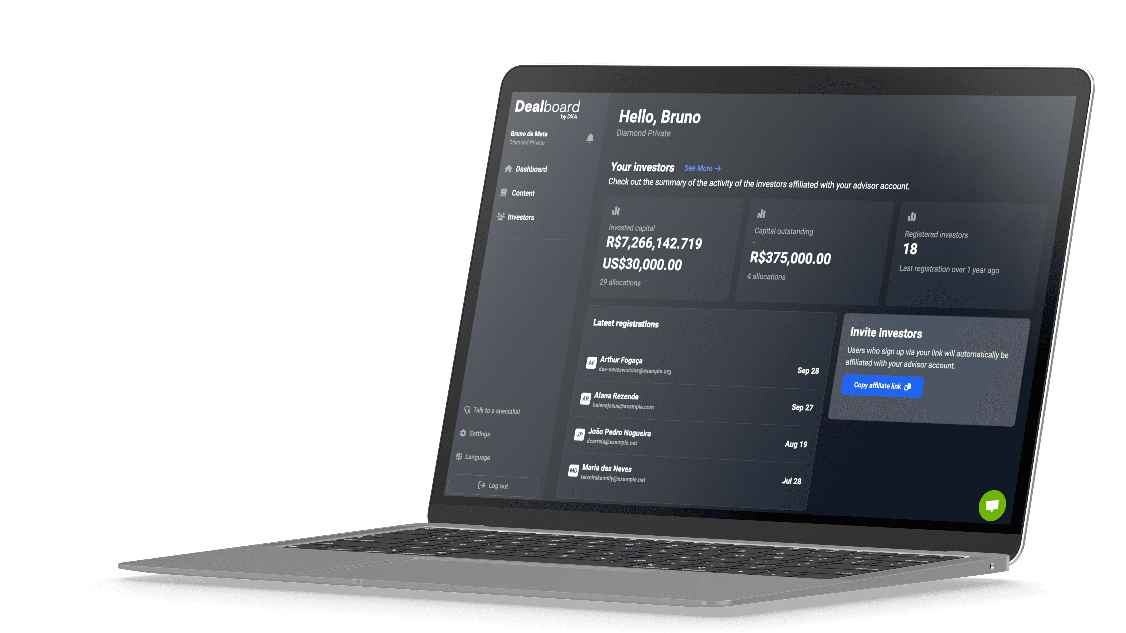 Dealboard advisor dashboard shown on a laptop